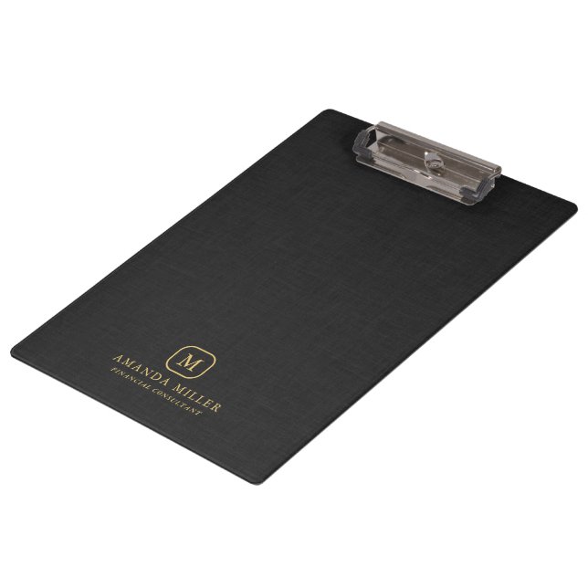 Minimalistic Black Linen Texture Gold Typography Clipboard (Angled)