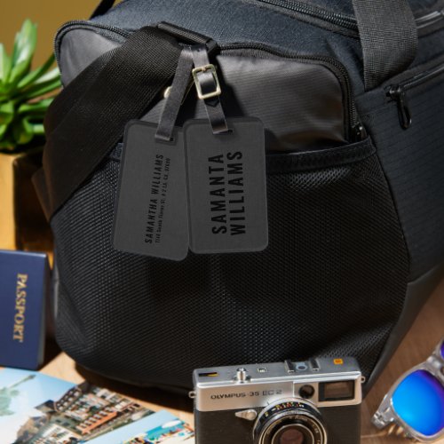 Minimalistic black typography on dark_gray linen luggage tag