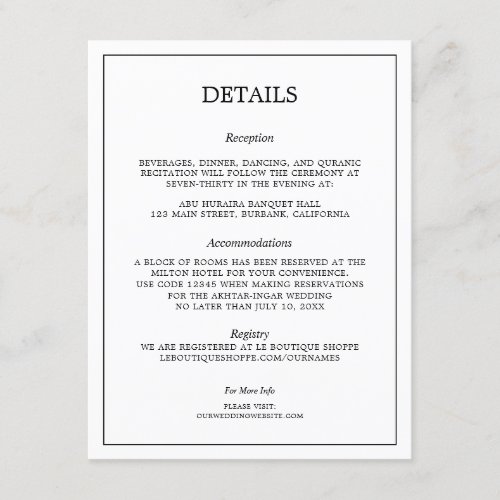 Minimalistic Black Wedding Details Enclosure Card