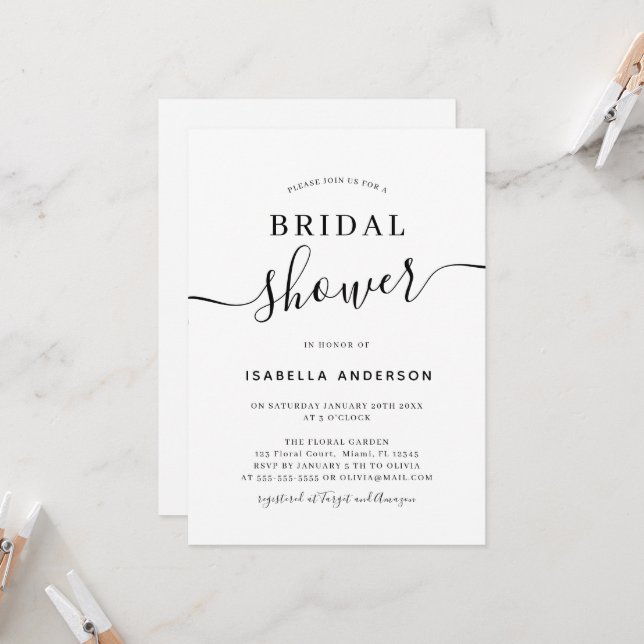 Minimalistic Black, White Bridal Shower Invitation (Front/Back In Situ)