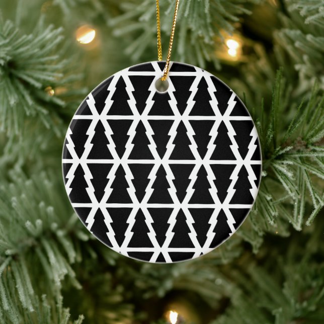 Minimalistic Black & White Christmas Tree Pattern Ceramic Ornament (Tree)
