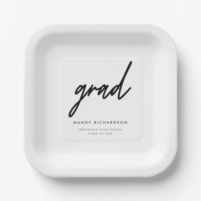 Minimalistic Black & White Custom Graduation Party Paper Plates (Front)