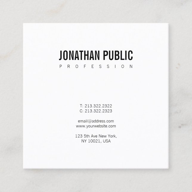 Minimalistic Black White Elegant Plain Trendy Chic Square Business Card (Front)