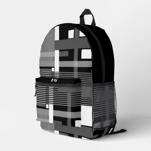Minimalistic black white gray geometric patchwork  printed backpack (Back Corner Right)
