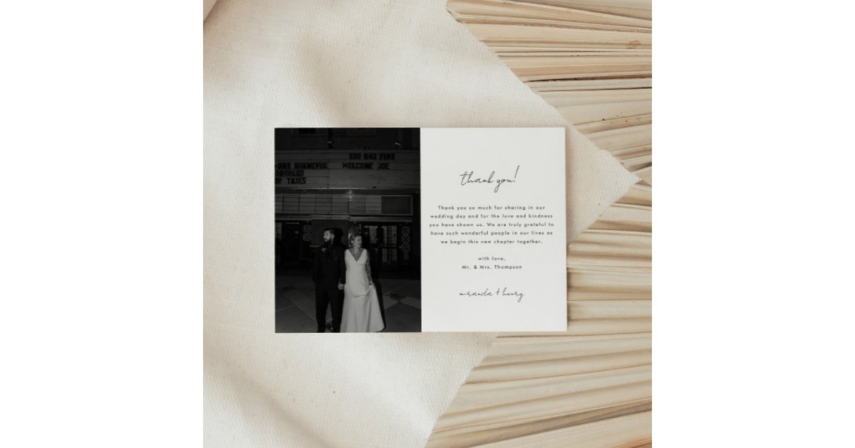 Minimalistic Black & White Script Wedding Photo Thank You Card | Zazzle