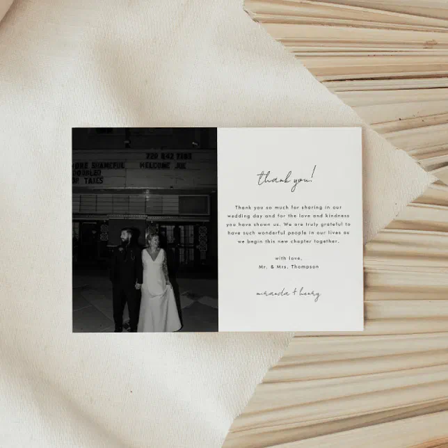 Minimalistic Black & White Script Wedding Photo Thank You Card | Zazzle