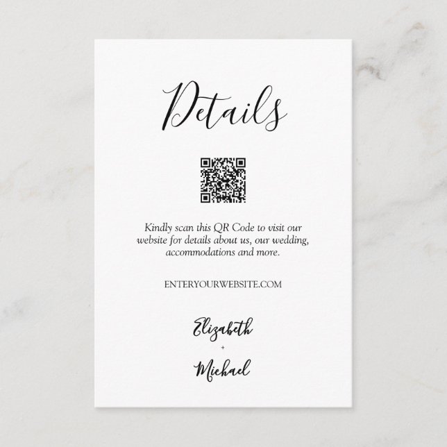 Minimalistic Black & White Wedding Details QR Code Enclosure Card (Front)