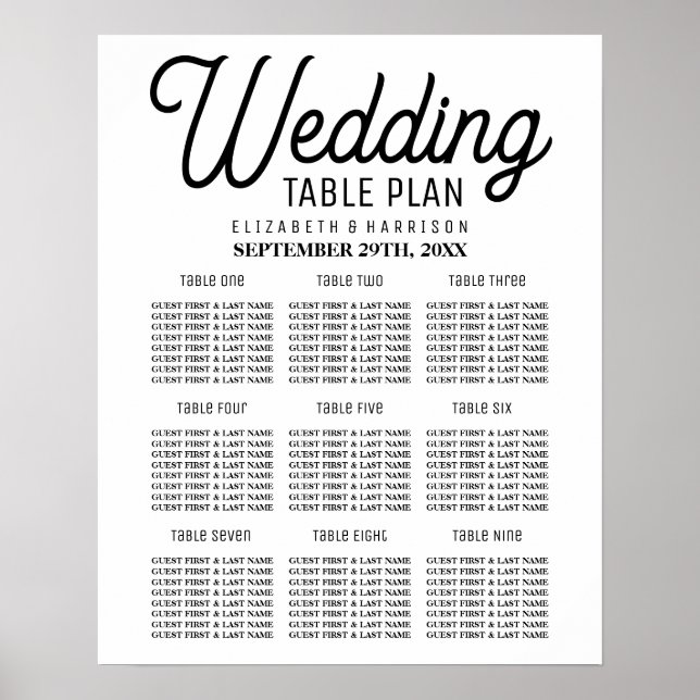 Minimalistic Black & White Wedding Seating Chart (Front)