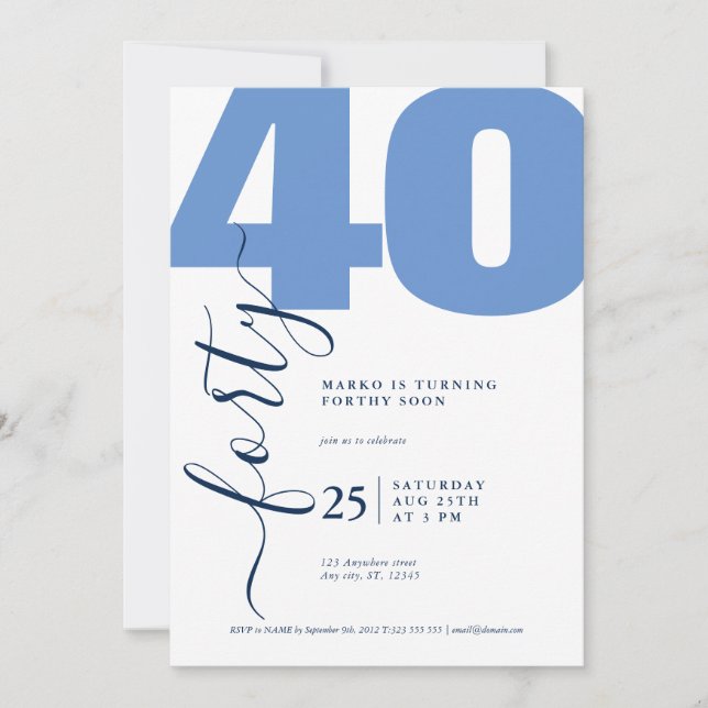 Minimalistic Blue Calligraphy Birthday Invitations (Front)