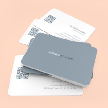 Minimalistic Blue-gray & White Typography Qr Code Business Card by artOnWear at Zazzle