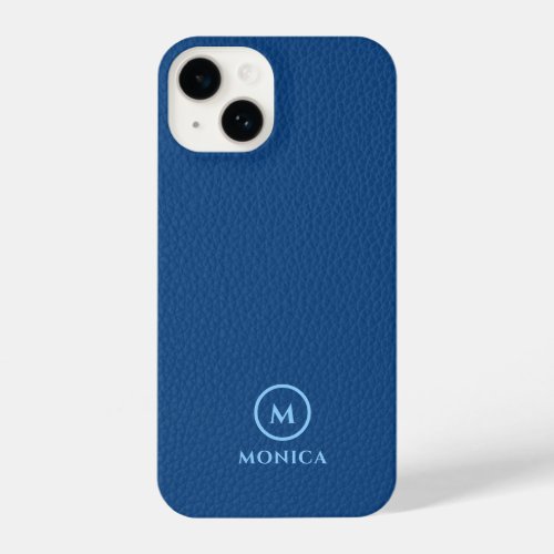 Minimalistic Blue Leather Text Custom Monogram 3 iPhone 14 Case