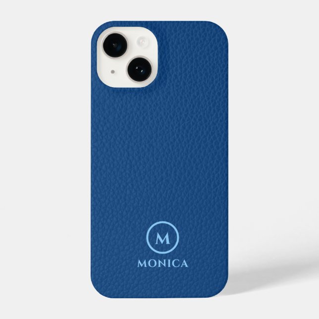 Minimalistic Blue Leather Text Custom Monogram 3 iPhone Case (Back)