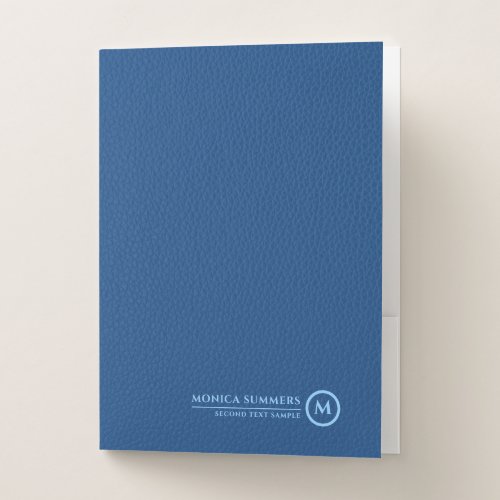Minimalistic Blue Leather Text Custom Monogram 3 Pocket Folder