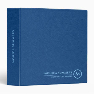 Minimalistic Blue Leather Text Custom Monogram 3 Ring Binder