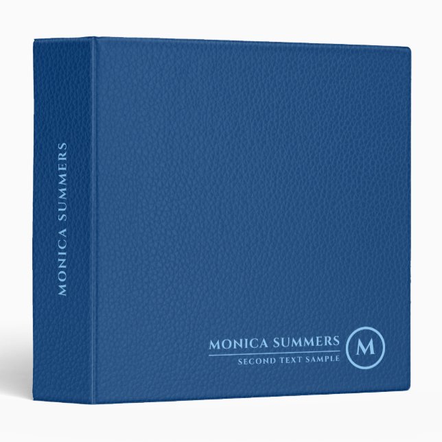 Minimalistic Blue Leather Text Custom Monogram 3 Ring Binder (Front/Spine)