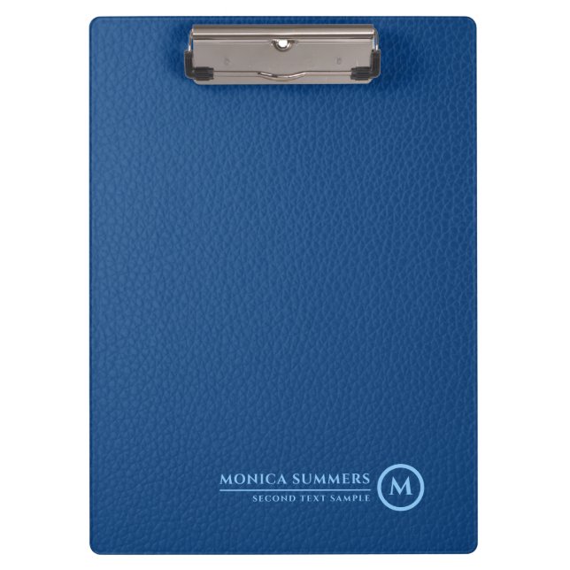Minimalistic Blue Leather Text Custom Monogram Clipboard (Front)