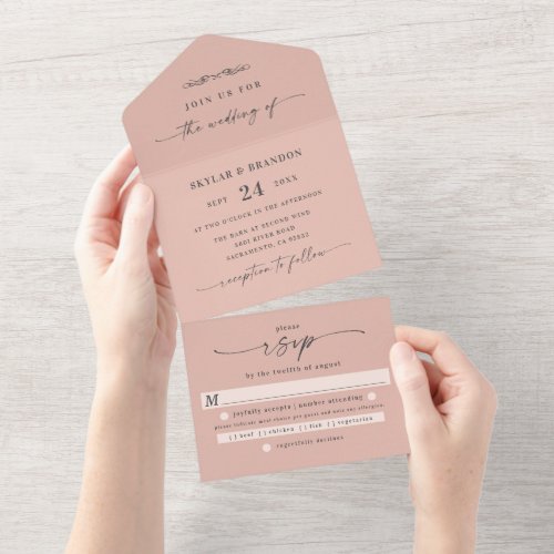 Minimalistic Blush Dusty Pink Solid Color Wedding All In One Invitation