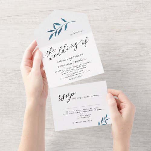 Minimalistic Botanic  Script Blue Winter Wedding All In One Invitation