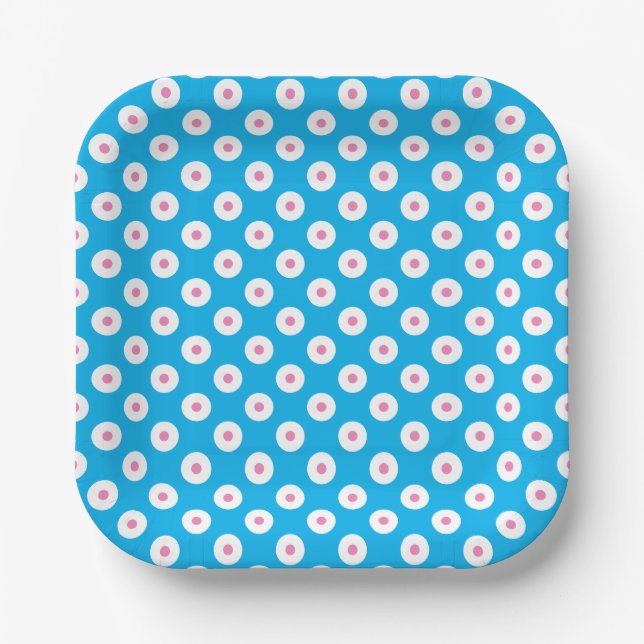 Minimalistic Bright Pink and White Dots on Blue Paper Plates (Front)