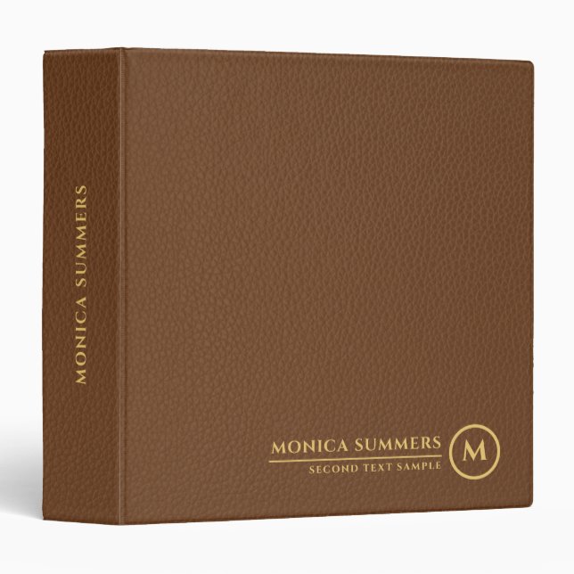 Minimalistic Brown Leather Text Custom Monogram 3 Ring Binder (Front/Spine)