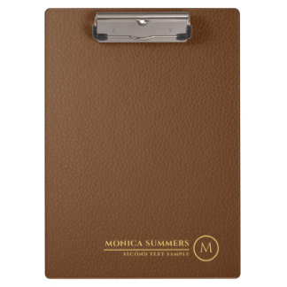 Minimalistic Brown Leather Text Custom Monogram Clipboard
