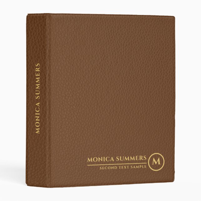 Minimalistic Brown Leather Text Custom Monogram Mini Binder (Front/Spine)