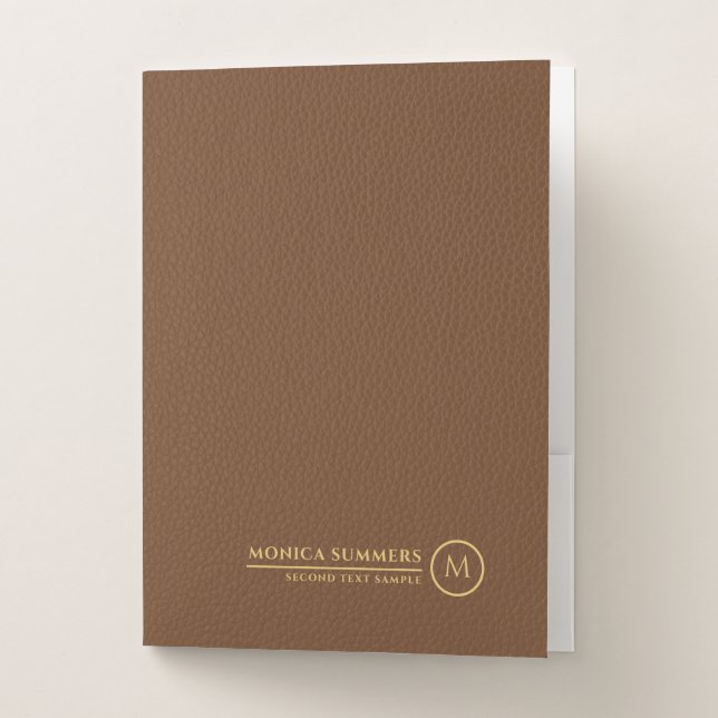 Minimalistic Brown Leather Text Custom Monogram Pocket Folder (Front)