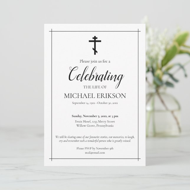 Minimalistic Celebration of Life Orthodox Cross Invitation (Standing Front)