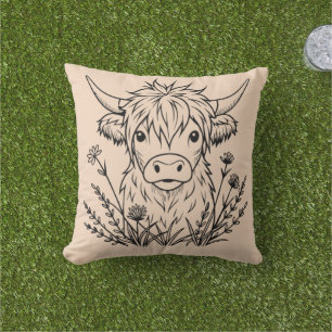 Minimalistic Cute Highland Cow Wildflowers Outdoor Pillow