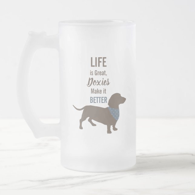 Minimalistic Dachshund Silhouette custom quote Frosted Glass Beer Mug (Left)
