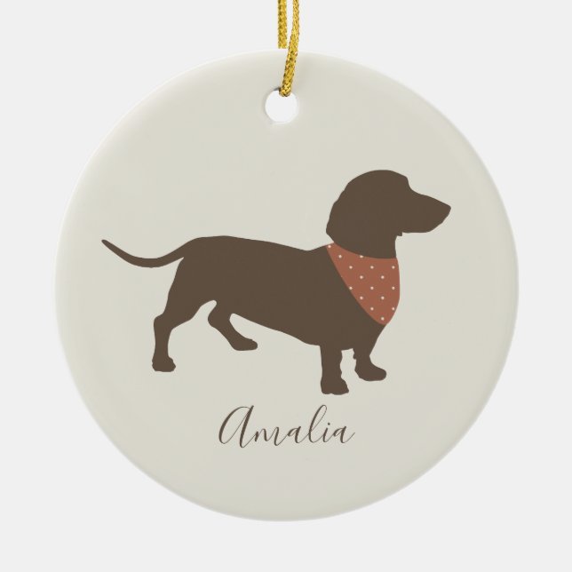 Minimalistic Dachshund Silhouette with dog's name Ceramic Ornament (Front)