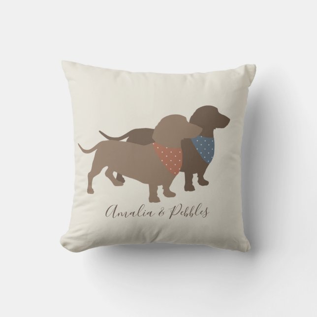 Minimalistic Dachshund Silhouettes and dogs' names Throw Pillow (Front)