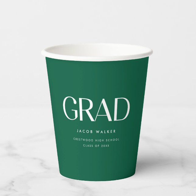 Minimalistic Dark Green Custom Graduation Party Paper Cups (Front)