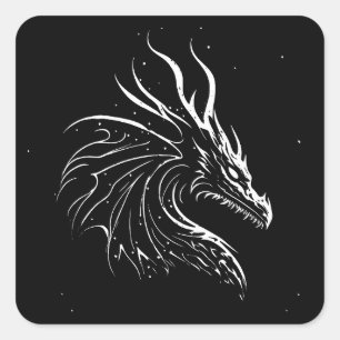 Minimalistic dragon portrait, black and white square sticker