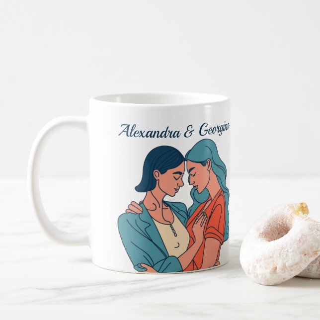 Minimalistic Drawing Lesbian Couple Personalized Coffee Mug (With Donut)