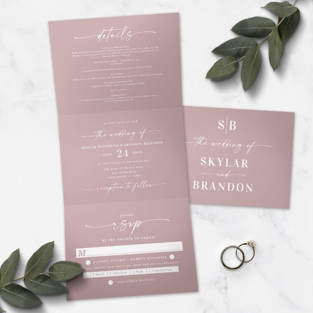 Minimalistic Dusty Mauve All In One Wedding Photo Tri-Fold Invitation (Creator Uploaded)