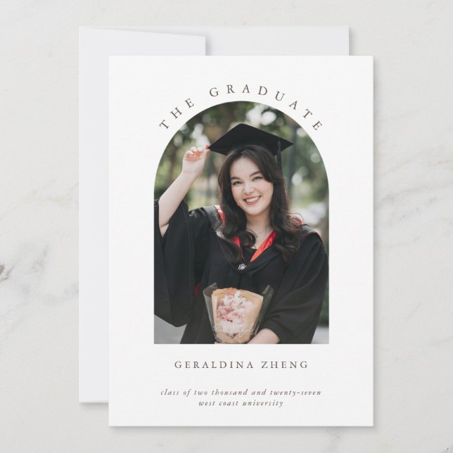 Minimalistic elegant Arched Photo graduation Save The Date (Front)