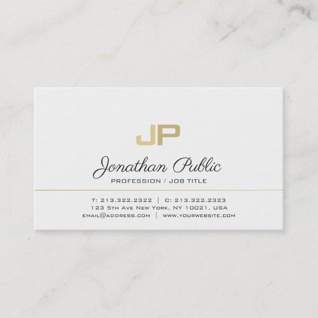 Minimalistic Elegant Monogram White Gold Plain Business Card (Front)