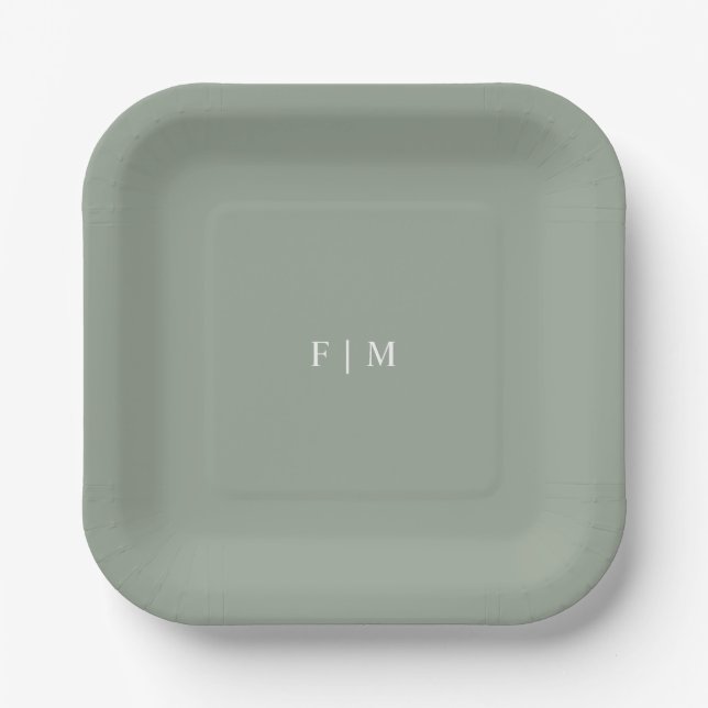 Minimalistic elegant sage green wedding monograms  paper plates (Front)