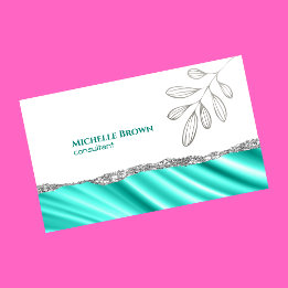 Minimalistic elegant silver teal leaves consultant business card