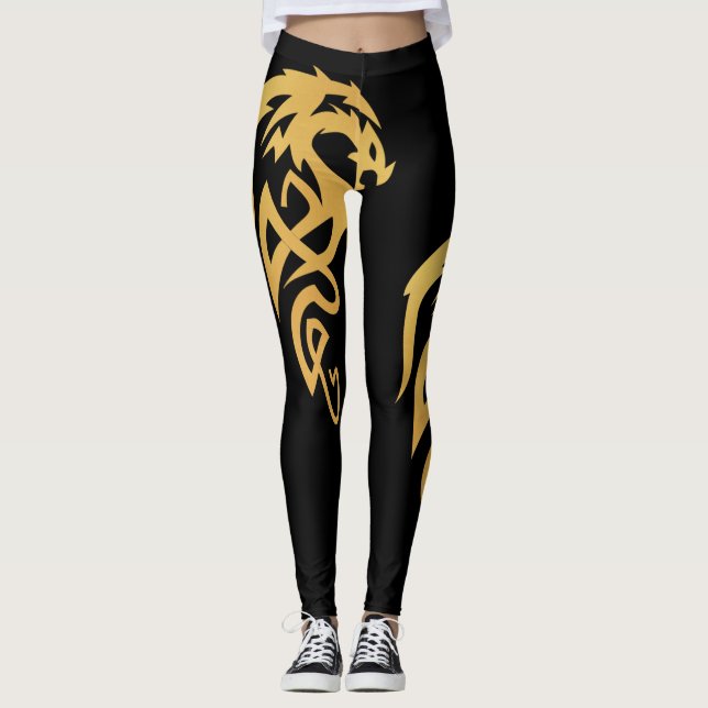 Minimalistic Enchanted Gold Black Magic Dragon Leggings (Front)