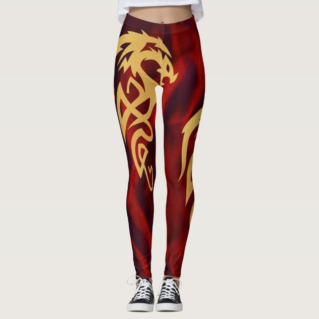 Minimalistic Enchanted Gold Red Magic Dragon Leggings (Front)