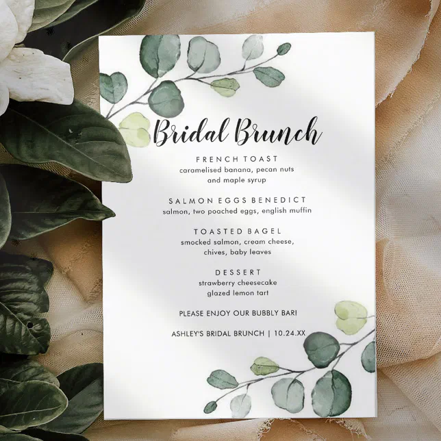 Minimalistic Eucalyptus Bridal Brunch Menu
