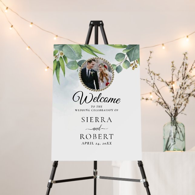 Minimalistic Eucalyptus Photo Wedding Welcome Foam Board (In Situ (Stand))