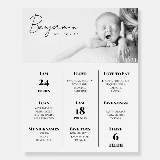 Minimalistic First Birthday Milestones Sign (Front)