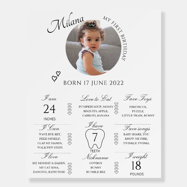 Minimalistic First Birthday Photo Milestones Sign (Front)