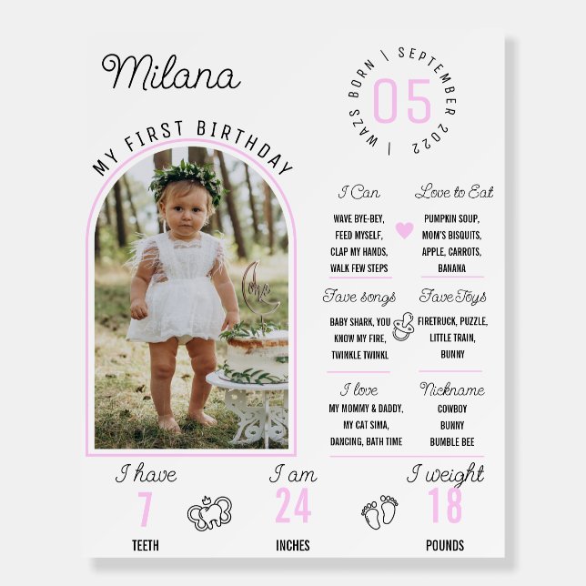 Minimalistic First Birthday Photo Milestones Sign (Front)