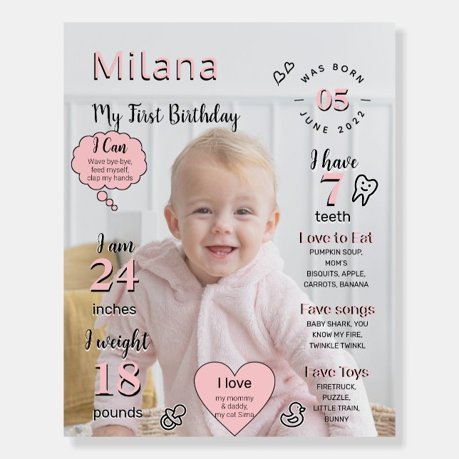 Minimalistic First Birthday Photo Milestones Sign (Front)