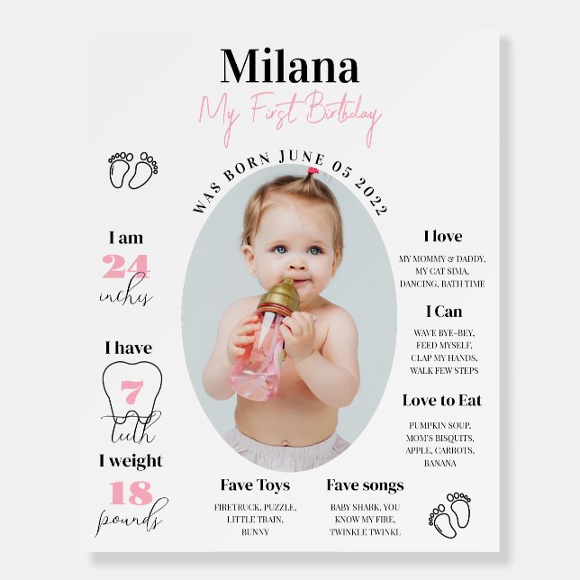 Minimalistic First Birthday Photo Milestones Sign (Front)