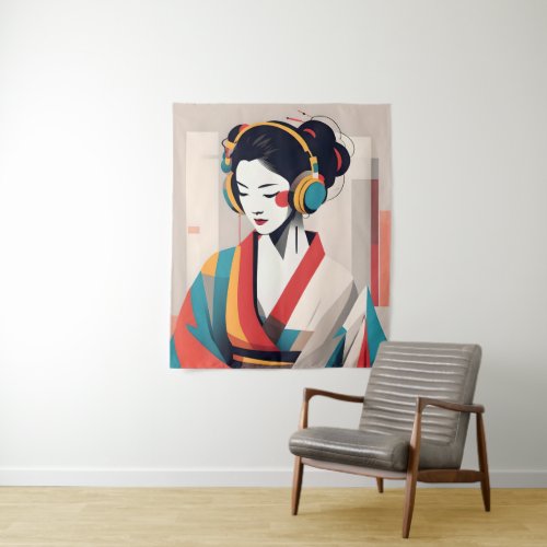 Minimalistic Geisha Portrait Art Drawing Tapestry